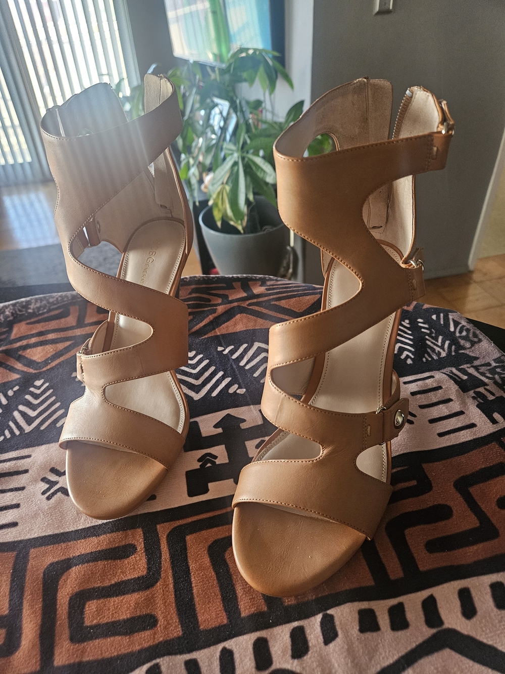 BCBGeneration Tan Cutout Strappy High Heel Sandals